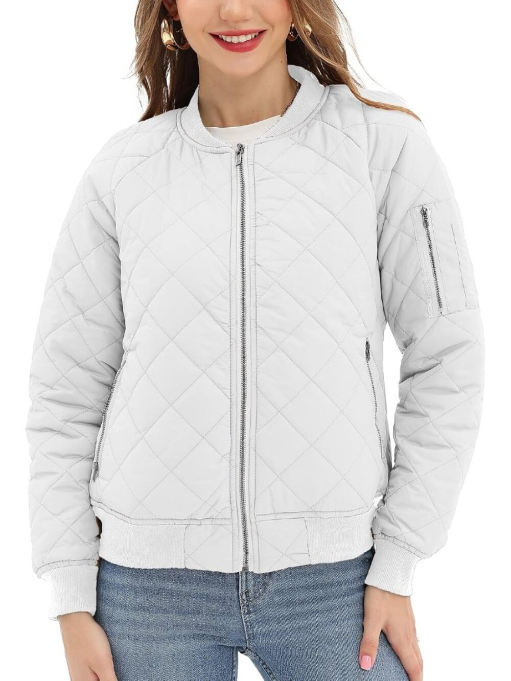 Women's White Quilted Bomber Jacket with 5 Pockets Long Sleeves Front Zipper